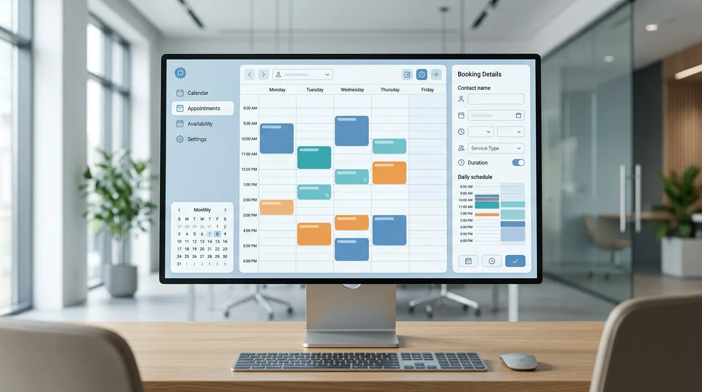 Modern digital interface or dashboard for appointment booking and calendar management, clean and professional environment