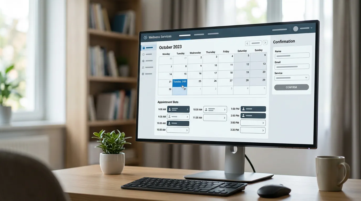 Online booking calendar system with appointment slots and time selection visible, digital reservation platform interface