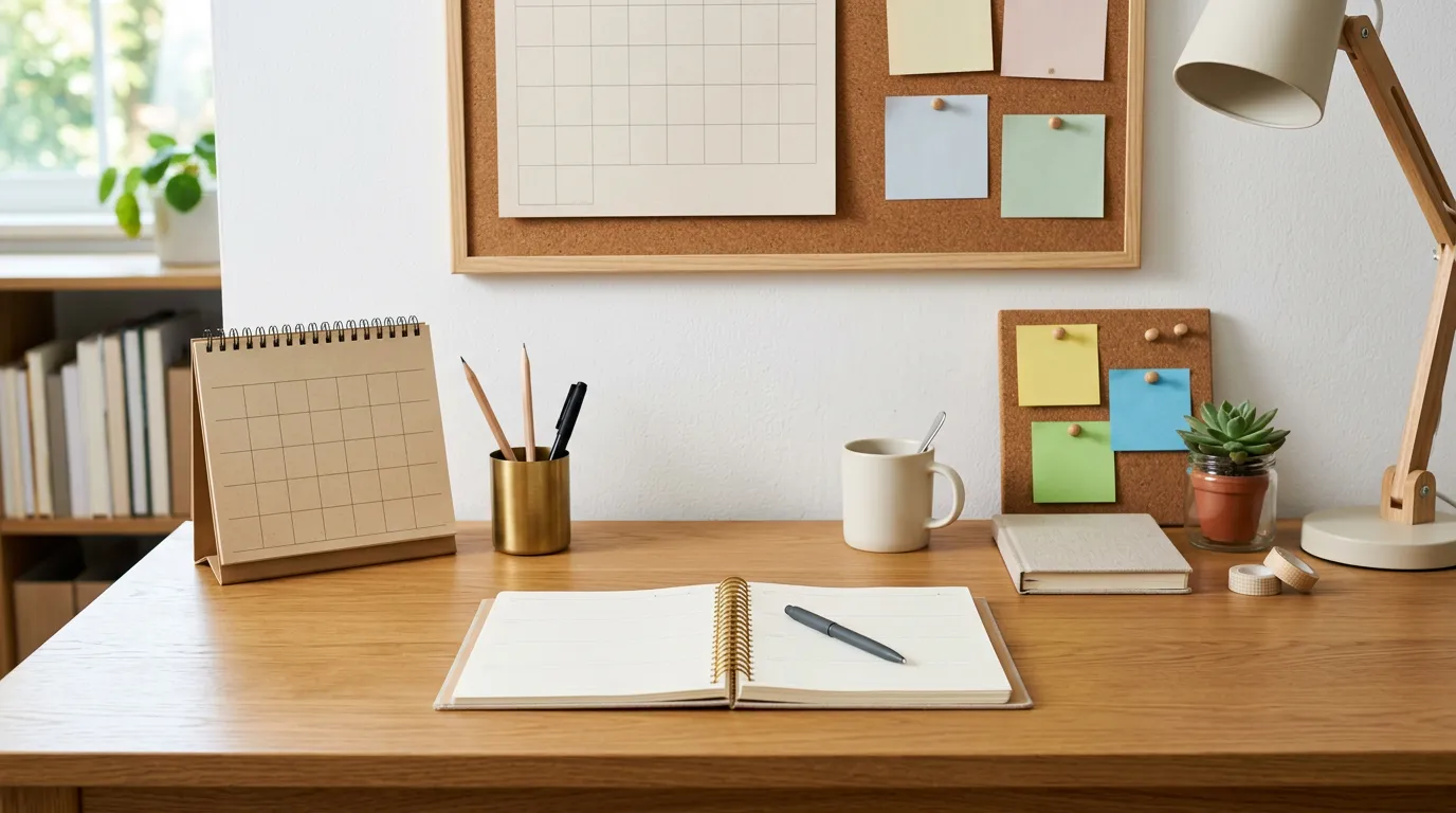Organized workspace with calendar, planner and scheduling tools, clean desk environment