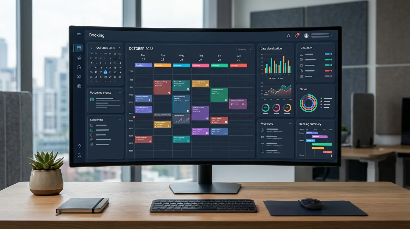 Digital dashboard interface showing calendar and booking system, professional technology workspace